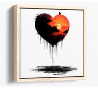 Sunset in a black heart balloon, banksy Canvas Floater Frame Square Print Picture Art - Light Oak Frame 24 inch wide x 24 inch high