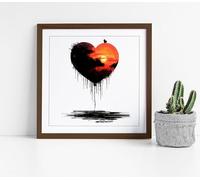Sunset in a black heart balloon, banksy Stunning Framed Wall Art Picture Print Square - 45cm wide x 45cm high - Walnut Frame