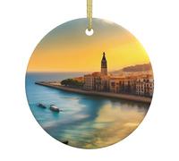 Sunset in Barcelona Christmas Round Ceramic Ornaments, 2.9-inch Christmas Tree Pendant, for Home Holiday Parties, banquets and Dinners