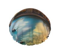 Sunset in Barcelona Double layer women's shower cap, reusable, large size design suitable for all hair lengths, suitable for girls, spa and home salon use.