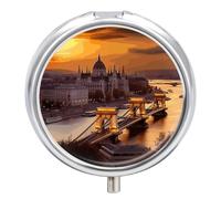 Sunset in Budapest Pill Box Portable Pill Organizer with 3 Compartment and Small Mirror Travel Pillcase for Pocket Or Purse Round Medicine Organizer Decorative Vitamin Organizer