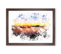 Sunset In Kythnos Greece Watercolour Modern Framed Print | A2 Walnut Framed Wall Art | Ready to Hang | Modern Landscape Picture | Living Room Bedroom Lounge Office