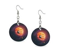 Sunset in Outer Space Wooden Earrings for Women, Vintage Elegant Wood Jewelry, Lightweight Earrings for Wedding, Party, Everyday Jewelry Gift, Circular, Wood, wood