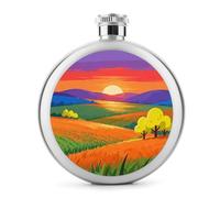 Sunset in The Countryside Hip Flask Stainless Steel Round Flagon Portable Leak-Proof Whiskey Flask, Classic Circular Design Alcohol Flask for Men Women, Travel Camping Outdoor Party Gift