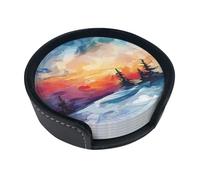 Sunset In The Snowy Forest Round Leather Cup Table Mats, Drink Coaster With Holder Set Of 6 Print Coasters For Drinks For Tabletop Protection Coffee Bar Decor