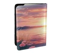 Sunset Lake and Spring Flowers Printed Passport Holder,Travel Pu Leather Passport Cover Case Organiser for Men Women,6.5 Inch
