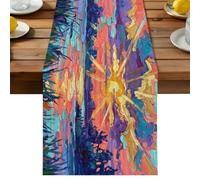 Sunset Lake Table Runner, Vintage Rustic Gold Purple Blue Sun Rays Oil Painting Texture Cotton and Table Linen Runner for Kitchen Dining Home Decor for Party Festival Holiday Decoration Gift 13x120in