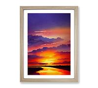 Sunset Lake Watercolour No.3 Framed Print | A2 Oak Framed Wall Art | Ready to Hang | Modern Landscape Picture | Living Room Bedroom Lounge Office