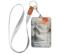 Sunset Landscape Chinese Ink Painting Leather Name Badge Holders with Lanyard and 3-Card Capacity Card Holders for Office Shcool Hospital & Driver Licence