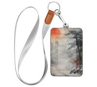 Sunset Landscape Chinese Ink Painting Leather Security Badge Holder with Lanyard and 3-Card Capacity id Holders for Staffs Officers Students Doctors Employees