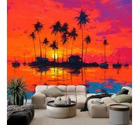 Sunset Landscape Island Trees Mural Wallpaper 400x280 cm, Yellow Wall Murals for Bedrooms Living Room Children Nursery Wall Mural Art Deco - Photo Wallpaper Poster Decoration