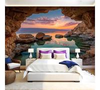 Sunset Landscape Mural Wallpaper Ancient Caves on The Beach Non-Woven Art Print 390 x 260cm Wall Murals Poster Picture Design Modern Decoration for Bedrooms Living Room Children Nursery