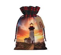 Sunset Lighthouse Christmas Drawstring Linen Gift Bag Paired With Scottish Plaid Fabric, With A Delicate And Simple Texture
