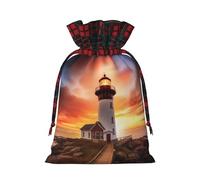 Sunset Lighthouse Christmas Drawstring Linen Gift Bag Paired With Scottish Plaid Fabric, With A Delicate And Simple Texture