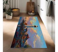 Sunset Lighthouse Cottage Hallway Runner Rug 60 x 120 cm, Washable Kitchen Carpet Non-Slip Runners Oil Painting Short Pile Non-Shedding Rug Floor Mat for Entryway Door Entrances