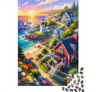Sunset Lighthouse Cottage Jigsaw Puzzle, 1000 Pcs For Adults | 38x26cm Art Admirers, Birthday Gift, Cardboard, Mood Calming, Tight Puzzle Fit