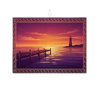 Sunset Lighthouse Dish Drying Mats for Kitchen Counter, Violet Ocean Absorbent Dish Drainer Rack Mat, Coastal Scenic Microfiber Drying Pad for Kitchen Counter Home Decor 18x24 Inch