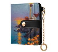 Sunset Lighthouse Flowers Blue Pattern Small Women Wallet PU Leather RFID Blocking Bifold Compact Card Holder with Zipper Coin Pocket Purse for Ladies Women Girls