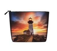 Sunset Lighthouse Multi Functional Single-Layer Linen Makeup Bag - Fashionable and Practical Cosmetic Storage Bag