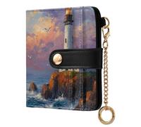 Sunset Lighthouse Seagulls Gray Print Small Women Wallet PU Leather RFID Blocking Bifold Compact Card Holder with Coin Pocket Zipper Purse for Women Girls Ladies