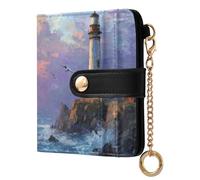 Sunset Lighthouse Seagulls Purple Print Small Women Wallet RFID Blocking Leather Bifold Compact Card Holder with Coin Pocket Zipper Purse for Girls Ladies Women