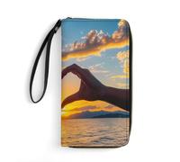 Sunset Love Long Wallet PU Leather Credit Card Holder Money Clip Purse with Hand Strap