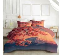 Sunset Mount Fuji Double Duvet - Reversible Coverless Duvet 7.5 Tog - Cherry Blossom Branches Double Quilt for All Season - Lightweight Washable Comforter with 2 Pillowcases - Machine Washable #W65