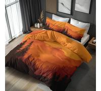 Sunset Mountain Double Bed Duvet Cover Set 3 Piece with 2 Pillowcases, Orange Misty Forest Patterned Bedroom Decor Bedding, Soft Microfibre Quilt Cover with Zip PK-63