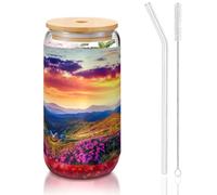 Sunset Mountain Flower Printing 16oz Drinking Glasses with Lids and Straws,Cute Water Glasses for Juice,Beer,Coffee,Tea