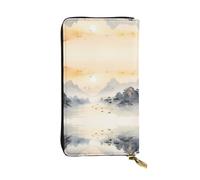 Sunset Mountain Illustration Printed leather wallet, 7.5 x 4.1-inch long credit card holder, portable travel cash wallet