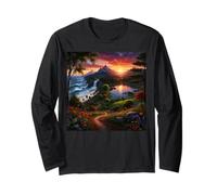 Sunset Mountain Landscape Waterfall and Wildflower Meadow Long Sleeve T-Shirt