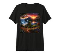 Sunset Mountain Landscape Waterfall and Wildflower Meadow Premium T-Shirt