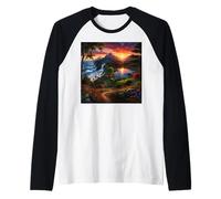 Sunset Mountain Landscape Waterfall and Wildflower Meadow Raglan Baseball Tee