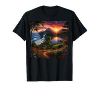 Sunset Mountain Landscape Waterfall and Wildflower Meadow T-Shirt