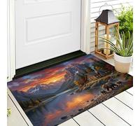 Sunset Mountains Brown Bear Door Mat Washable 80 x 120 cm Orange Entryway Doormat Indoor Realistic Landscape Animals Thin Rug Lightweight Non Slip Carpet for Kitchen Bedroom Floor Mat
