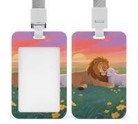 Sunset Nature Lamb and Lion ID Badge Holder - Retractable Badge Reel, Vertical Card Name Tag Holder with Breakaway Lanyard, ID Cards Holders Case for Nurse Security Staff Women Men