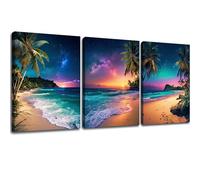 Sunset Ocean Beach Waves Coconut Tree Painting Art Northern Lights 3 Panel Canvas Wall Art Paintings for Wall Decorations Modern Bathroom Office Aurora Polaris Tropical Nature Landscape 12"x16"x3pcs