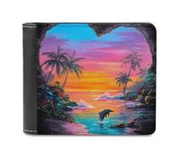 Sunset Ocean Dolphin Heart Cave Beach Men's Leather Wallet Bifold Purse Card Holder Slim Money Clip Single-Sided Print