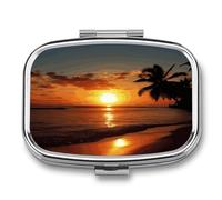 Sunset Ocean Sea Tropical Island Palm Tree Scenery Picture Pill Organizer Metal Pill Case with 2 Compartments Small Pill Box Medication Holder Travel Pill Container Square Medicine Organizer Portable