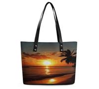Sunset Ocean Sea Tropical Island Palm Tree Scenery Picture Tote Bag for Women Large Capacity Leather Handbags with Zipper Fashion Travel Shoulder Bags Casual Hobo Bag Lightweight Leather Purse for Wor