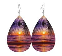 Sunset Ocean With Tropical Palm Trees Twilight Scenery Leather Earring For Women Teardrop Dangle Printed Fashion Accessories Daily Wear Party