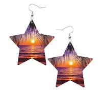 Sunset Ocean With Tropical Palm Trees Twilight Scenery Leather Star Shaped Earrings Fashion Accessories Lightweight Festivals Parties Everyday Life