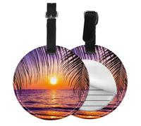 Sunset Ocean with Tropical Palm Trees Twilight Scenery Print Luggage Tag Round Leather Luggage Tag Easy Identification & Privacy Protection for Suitcases Easy to Identify Privacy Cover Id Label