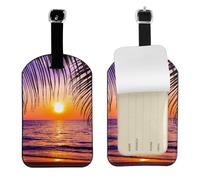 Sunset Ocean with Tropical Palm Trees Twilight Scenery Print Luggage Tags Stylish Leather Suitcase Tags Cute & Functional Bag Tags for Travel 7cm X 11cm Durable Identification Accessory