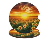 Sunset Of Sunflower Field 2PCS Car Coasters Absorbent Drink Coasters with A Finger Universal Wood Coffee Coaster for Cup Holders Non-slip Car Cup Holder Coaster Cute Drink Mat Car Accessories for Wome