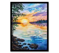 Sunset on Calm Lake Oil Painting Tranquil Peace Framed Art Print Artery8 Multi A4