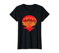 Sunset on Lake, Trees mirroring Dusk, Sun Value Graphic T-Shirt, Women, Black, M
