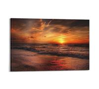 Sunset on The Beach Beach Landscape Canvas Wall Art Nature Waves Beach Blue Waves Seagulls Seashells Scandinavian Style for Bathroom Living Room Bedroom16x24inch(40x60cm) Frame-style