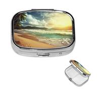 Sunset on The Beach Pill Box 2 Compartment Square Portable Pill Case for Pocket or Purse Pill Holder Weekly Pill Organizer Decorative Metal Medicine Vitamin Organizer Travel Gift