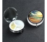 Sunset on The Beach Pill Box 3 Compartment Pill Case for Purse or Pocket Small Medicine Organizer with Mirror Travel Pillbox Decorative Metal Vitamin Container Unique Gift